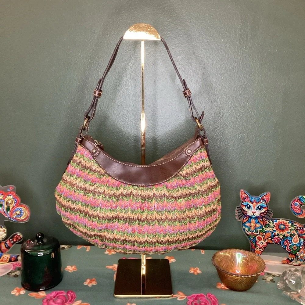 Fossil Multicolor‎ Straw Shoulder Bag with Brown Trim - Picture 2 of 5